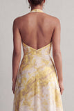 Vestido de madre de la novia con estampado floral amarillo A Línea A con abertura