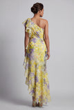 Vestido largo de sirena floral amarillo con estampado largo de madre de novia y volantes