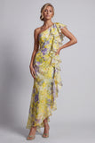 Vestido largo de sirena floral amarillo con estampado largo de madre de novia y volantes