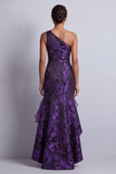 Vestido de madre de la novia con flores de color morado púrpura oscuro alto y baja sirena con volantes