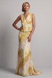 Vestido largo de sirena floral estampado amarillo de madre de la novia con fajilla