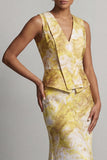 Vestido largo de sirena floral estampado amarillo de madre de la novia con fajilla
