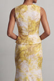 Vestido largo de sirena floral estampado amarillo de madre de la novia con fajilla