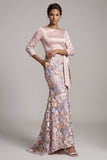 Vestido largo de sirena floral con cuello barco y bolsillos