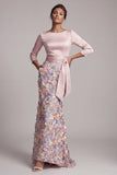 Vestido largo de sirena floral con cuello barco y bolsillos