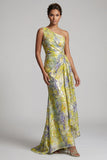 Vestido largo de sirena floral amarillo de un hombro con estampado largo de la madre de la novia