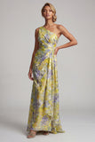 Vestido largo de sirena floral amarillo de un hombro con estampado largo de la madre de la novia