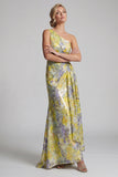 Vestido largo de sirena floral amarillo de un hombro con estampado largo de la madre de la novia