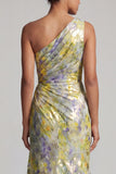 Vestido largo de sirena floral amarillo de un hombro con estampado largo de la madre de la novia