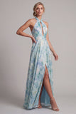 Ojo de cerradura verde claro Una línea floral largo vestido de madre de la novia con bolsillos