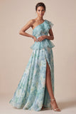 Vestido de Madre de la Novia de un hombro verde claro con volantes