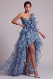 Vestido de Madre de la novia de un hombro azul polvoriento con volantes