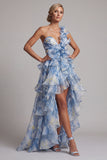 Vestido de Madre de la novia de un hombro azul polvoriento con volantes