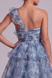 Vestido de Madre de la novia de un hombro azul polvoriento con volantes