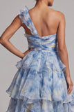 Vestido de Madre de la novia de un hombro azul polvoriento con volantes