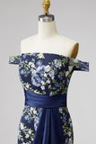 Vestido de madre de la novia sirena azul marino floral azul marino con hombros y abertura