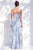 Vestido de Madre de la novia largo de chiffon azul A-line floral fino, tirantes largos