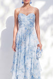 Vestido de Madre de la novia largo de chiffon azul A-line floral fino, tirantes largos