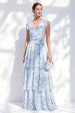 Vestido largo largo de madre de la novia de chiffon A-line azul con escote en V y volantes con volantes