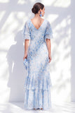 Vestido de madre de la novia, vestido de madre de novia con escote en pico azul mifón de mijón sirena