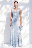 Vestido largo de madre de la novia, floal de chiffon azul A-line con escote en V y largo de abertura
