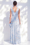 Vestido largo de madre de la novia, floal de chiffon azul A-line con escote en V y largo de abertura