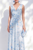 Vestido largo de madre de la novia, floal de chiffon azul A-line con escote en V y largo de abertura