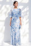 Vestido largo de madre de la novia sirena azul claro de gasa de gasa floral con volantes