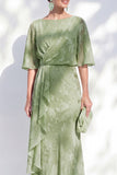 Vestido largo de madre de novia de sirena verde sirena de gasa floral con volantes