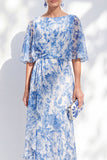 Vestido largo de Madre de la novia con escote de chiffon de sirena flor azul azul