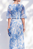 Vestido largo de Madre de la novia con escote de chiffon de sirena flor azul azul