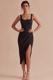 Vestido formal negro bodycon midi de tirantes gruesos y abertura