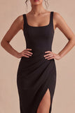 Vestido formal negro bodycon midi de tirantes gruesos y abertura