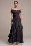 Vestido largo de corbata negra con volantes de línea al hombro