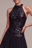 Vestido largo de corbata negra con lentejuelas de cuello alto brillante y brillante