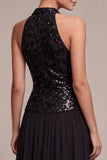 Vestido largo de corbata negra con lentejuelas de cuello alto brillante y brillante