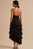 Vestido formal sin espalda sin espaldas en línea A negro con filo y con volantes