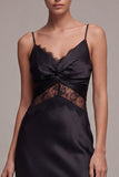 Vestido formal midi con tirantes finos de sirena negra y encaje