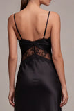Vestido formal midi con tirantes finos de sirena negra y encaje