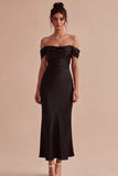 Vestido largo de sirena de satén negro con hombros descubiertos