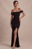 Vestido formal largo de sirena negro de hombros fríos con abertura