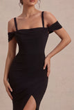 Vestido formal largo de sirena negro de hombros fríos con abertura