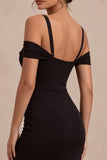 Vestido formal largo de sirena negro de hombros fríos con abertura