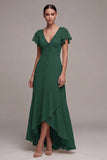 Vestido formal verde oscuro de escote en V alto y bajo línea A