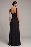 Vestido formal de cuello cuadrado negro A Line Long con abertura