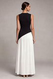 Vestido formal de cuello redondo en blanco y negro, de funda larga y abertura