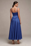 Tirantes finos azul real Cintura vasca Línea A Vestido formal largo