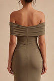 Vestido formal largo de sirena caqui, hombro descubierto