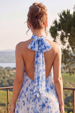 Vestido floral midi plisado con halteres de línea A azul