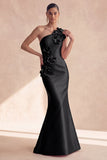 Vestido formal largo de sirena negra de satén de un hombro con flores 3D